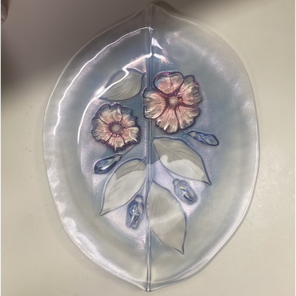 Vintage Oval Serving Platter Frosted Floral Pattern Art Glass Sculpted High Tea